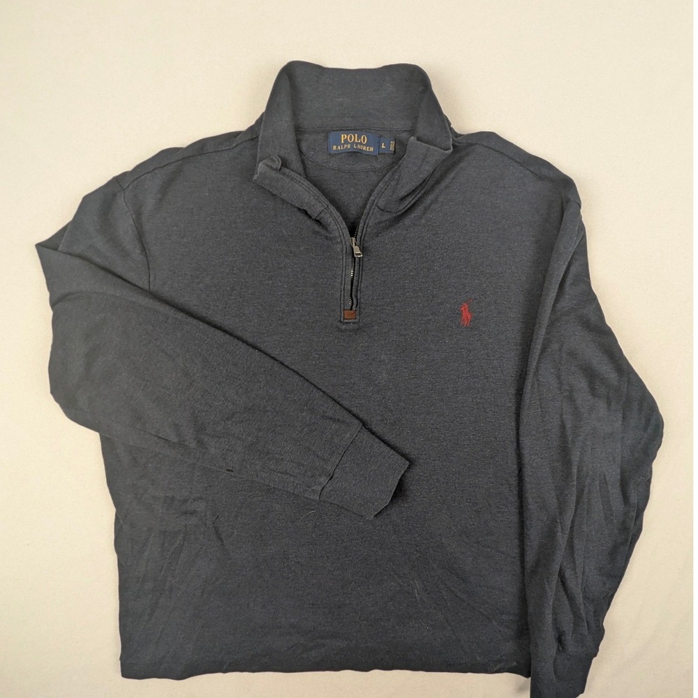 Polo Ralph Lauren Mens Large Navy Blue Heather Quarter Zip Cotton Pullover Logo